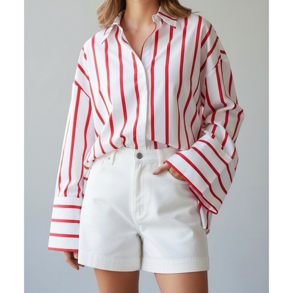 ECLE SWIM Tops - ECLE SWIM Reverie Oversized Shirt, Red White Stripes, M/L